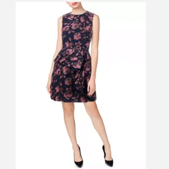 NWT Vince Camuto Navy Floral Jacquard Ruffle Cocktail Dress Size 4 - Picture 1 of 14